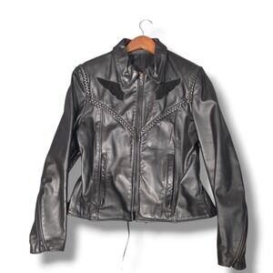 Protech Vintage Black Leather‎ Braided Moto Biker Wing Jacket Womens Size 14 USA